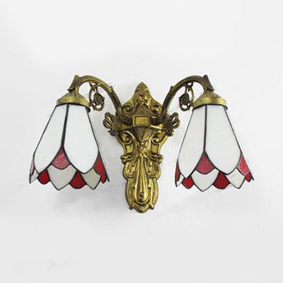 Stained Glass Wall Light with Curved Arm Tiffany Style Double Sconce Light in Red/White/Blue for Bedroom Lighting Red Clearhalo 'Industrial' 'Middle century wall lights' 'Tiffany wall lights' 'Tiffany' 'Wall Lamps & Sconces' 'Wall Lights' Lighting' 28914