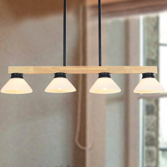Nordic Linear Wood Hanging Light 4 Heads Island Ceiling Light in Gold/Black Finish with Cone Opal Glass Shade Clearhalo 'Ceiling Lights' 'Island Lights' Lighting' 289140