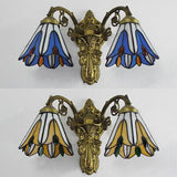 Blue/Beige Floral Wall Mount Light Stained Glass 2 Bulbs Vintage Wall Lighting in Antique Brass for Bedroom Clearhalo 'Industrial' 'Middle century wall lights' 'Tiffany wall lights' 'Tiffany' 'Wall Lamps & Sconces' 'Wall Lights' Lighting' 28917