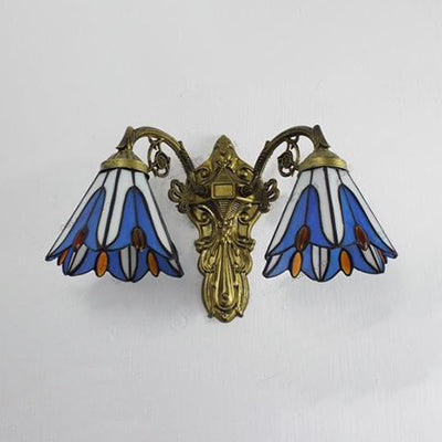Blue/Beige Floral Wall Mount Light Stained Glass 2 Bulbs Vintage Wall Lighting in Antique Brass for Bedroom Blue Clearhalo 'Industrial' 'Middle century wall lights' 'Tiffany wall lights' 'Tiffany' 'Wall Lamps & Sconces' 'Wall Lights' Lighting' 28919