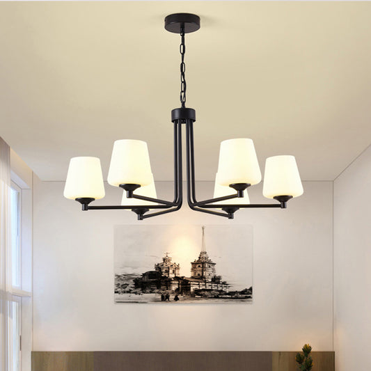 Nordic Stylish Cone Ceiling Pendant Light White Glass 6/8/10 Heads Living Room Chandelier Lamp in Black 6 Black Clearhalo 'Ceiling Lights' 'Chandeliers' 'Glass shade' 'Glass' 'Modern Chandeliers' 'Modern' Lighting' 289423