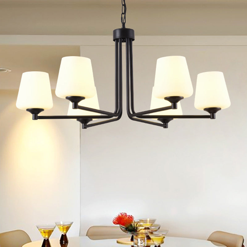 Nordic Stylish Cone Ceiling Pendant Light White Glass 6/8/10 Heads Living Room Chandelier Lamp in Black Clearhalo 'Ceiling Lights' 'Chandeliers' 'Glass shade' 'Glass' 'Modern Chandeliers' 'Modern' Lighting' 289424