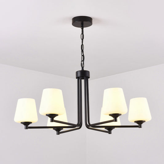 Nordic Stylish Cone Ceiling Pendant Light White Glass 6/8/10 Heads Living Room Chandelier Lamp in Black Clearhalo 'Ceiling Lights' 'Chandeliers' 'Glass shade' 'Glass' 'Modern Chandeliers' 'Modern' Lighting' 289425