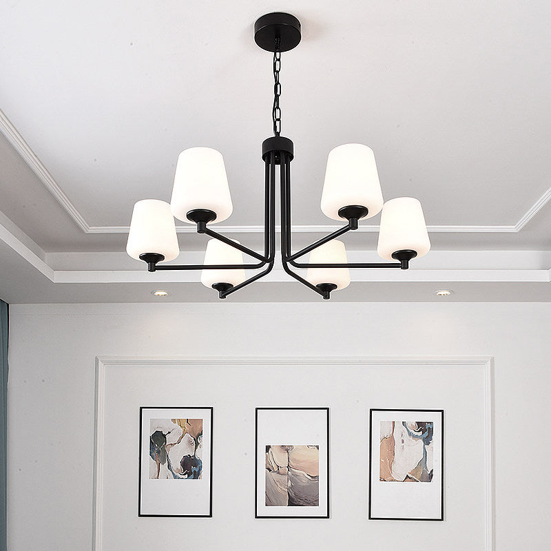 Nordic Stylish Cone Ceiling Pendant Light White Glass 6/8/10 Heads Living Room Chandelier Lamp in Black Clearhalo 'Ceiling Lights' 'Chandeliers' 'Glass shade' 'Glass' 'Modern Chandeliers' 'Modern' Lighting' 289426