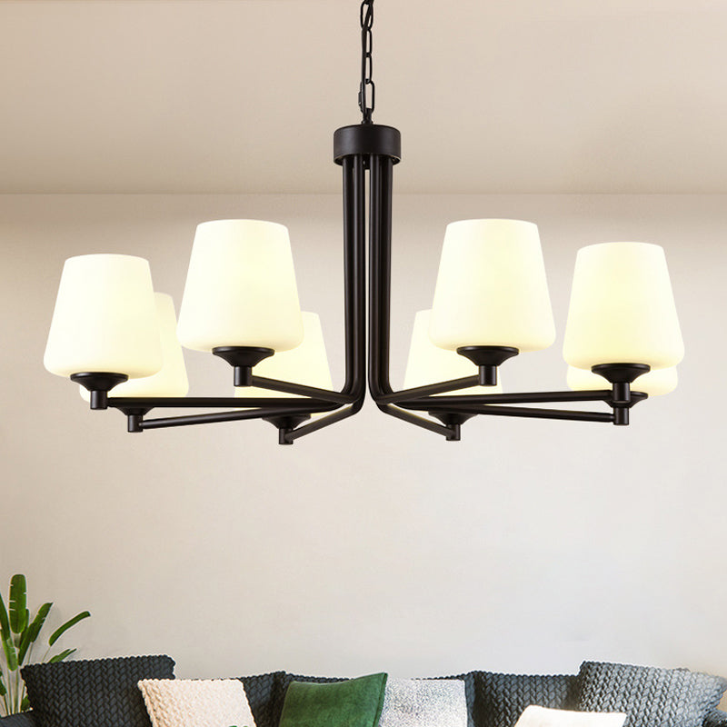 Nordic Stylish Cone Ceiling Pendant Light White Glass 6/8/10 Heads Living Room Chandelier Lamp in Black 8 Black Clearhalo 'Ceiling Lights' 'Chandeliers' 'Glass shade' 'Glass' 'Modern Chandeliers' 'Modern' Lighting' 289429