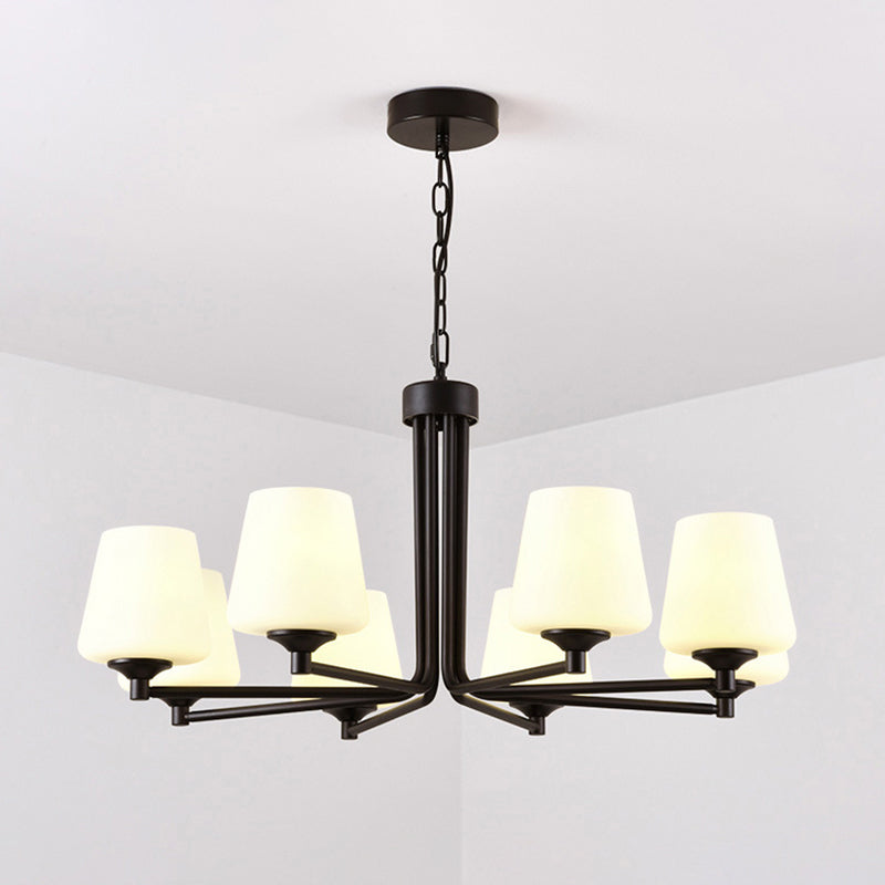 Nordic Stylish Cone Ceiling Pendant Light White Glass 6/8/10 Heads Living Room Chandelier Lamp in Black Clearhalo 'Ceiling Lights' 'Chandeliers' 'Glass shade' 'Glass' 'Modern Chandeliers' 'Modern' Lighting' 289431