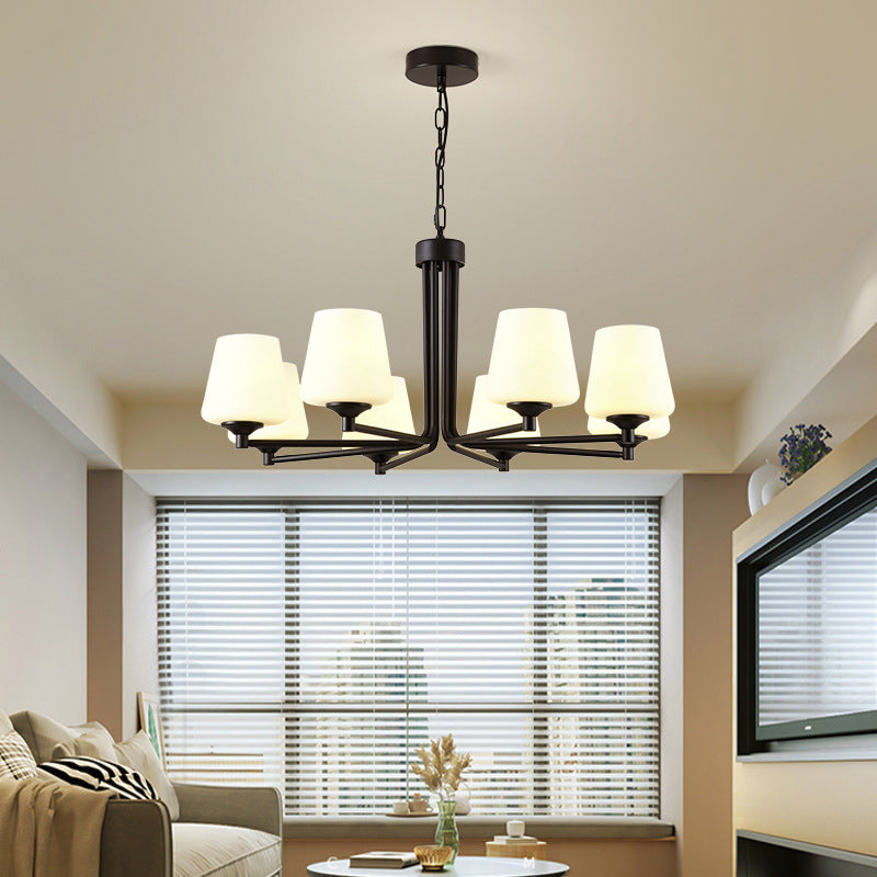 Nordic Stylish Cone Ceiling Pendant Light White Glass 6/8/10 Heads Living Room Chandelier Lamp in Black Clearhalo 'Ceiling Lights' 'Chandeliers' 'Glass shade' 'Glass' 'Modern Chandeliers' 'Modern' Lighting' 289432