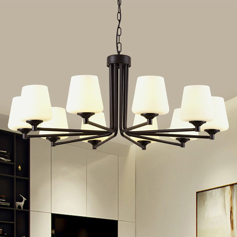 Nordic Stylish Cone Ceiling Pendant Light White Glass 6/8/10 Heads Living Room Chandelier Lamp in Black 10 Black Clearhalo 'Ceiling Lights' 'Chandeliers' 'Glass shade' 'Glass' 'Modern Chandeliers' 'Modern' Lighting' 289435