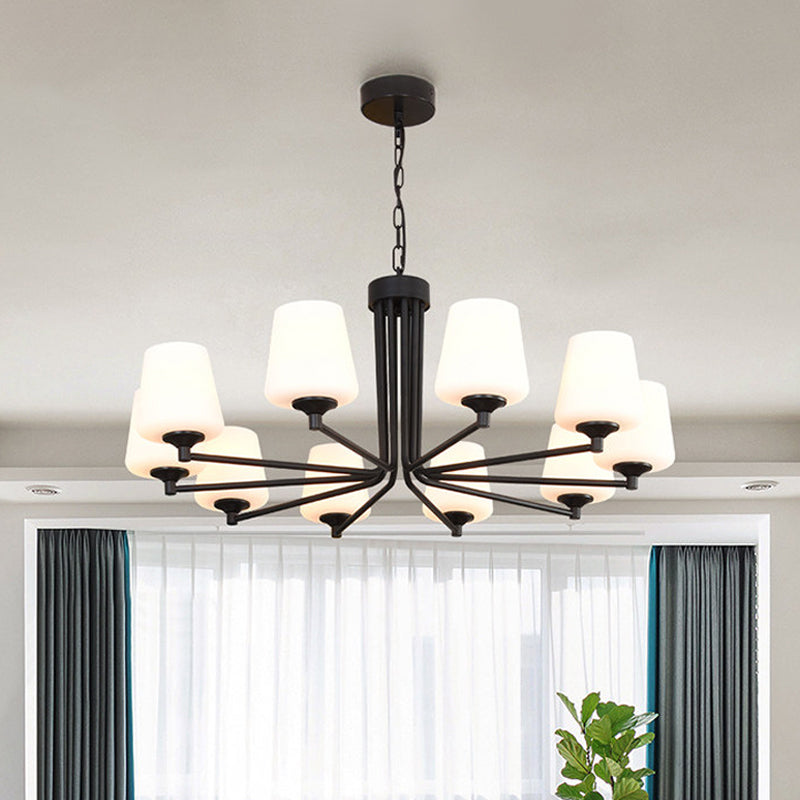 Nordic Stylish Cone Ceiling Pendant Light White Glass 6/8/10 Heads Living Room Chandelier Lamp in Black Clearhalo 'Ceiling Lights' 'Chandeliers' 'Glass shade' 'Glass' 'Modern Chandeliers' 'Modern' Lighting' 289436