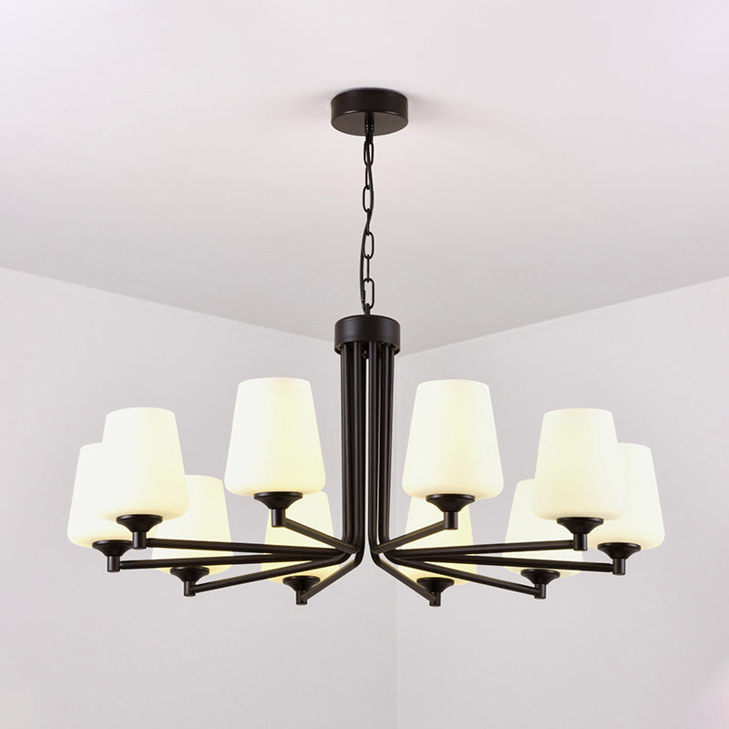 Nordic Stylish Cone Ceiling Pendant Light White Glass 6/8/10 Heads Living Room Chandelier Lamp in Black Clearhalo 'Ceiling Lights' 'Chandeliers' 'Glass shade' 'Glass' 'Modern Chandeliers' 'Modern' Lighting' 289437
