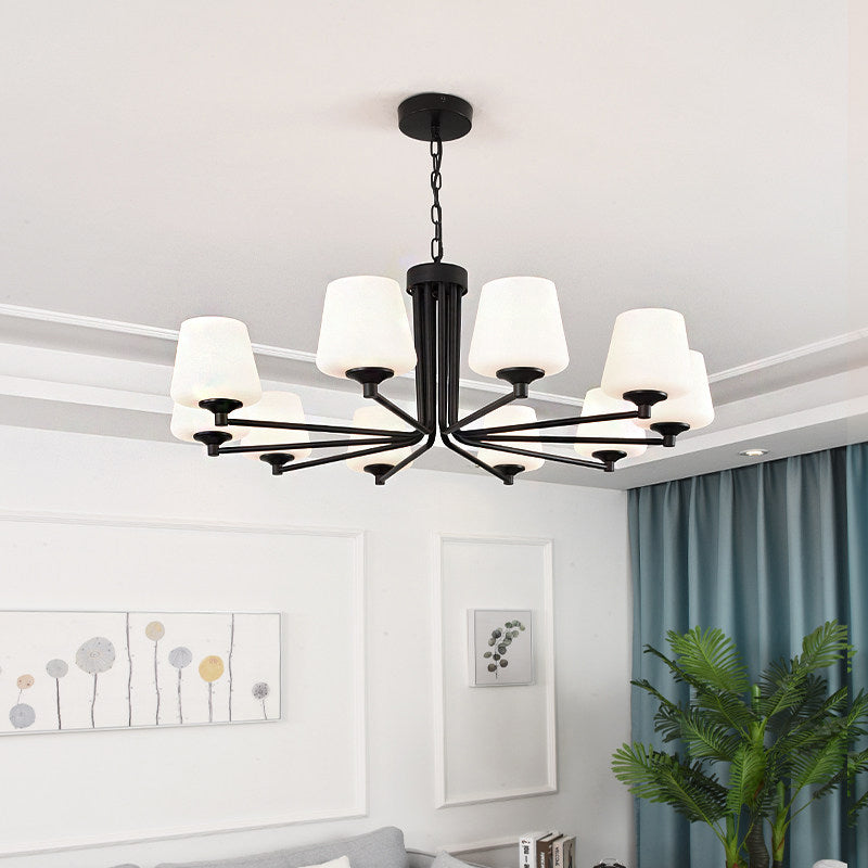 Nordic Stylish Cone Ceiling Pendant Light White Glass 6/8/10 Heads Living Room Chandelier Lamp in Black Clearhalo 'Ceiling Lights' 'Chandeliers' 'Glass shade' 'Glass' 'Modern Chandeliers' 'Modern' Lighting' 289438