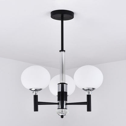 Globe-Shaped Chandelier Pendant Light Modern Style Ivory Glass 3/6/8 Lights Living Room Hanging Lamp in Black 3 Black Clearhalo 'Ceiling Lights' 'Chandeliers' 'Glass shade' 'Glass' 'Modern Chandeliers' 'Modern' Lighting' 289890