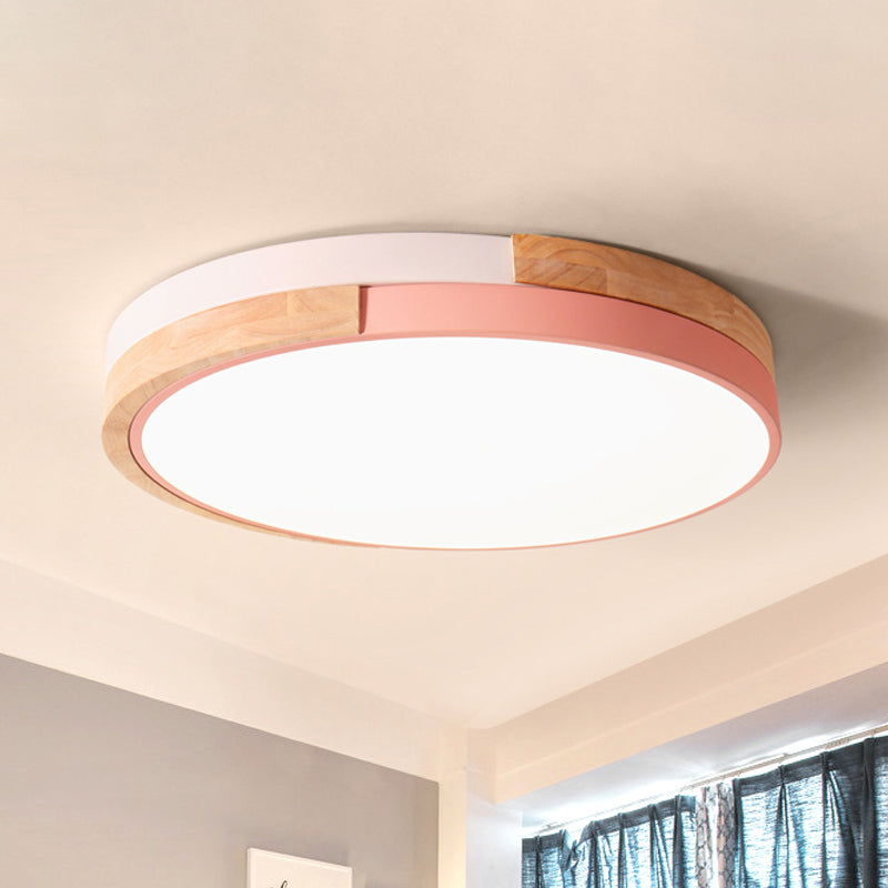 Metal Circle Flush Light Contemporary LED Pink/Yellow/Blue Ceiling Mounted Fixture with Acrylic Diffuser in Warm/White Light Clearhalo 'Ceiling Lights' 'Close To Ceiling Lights' 'Close to ceiling' 'Flush mount' Lighting' 290001