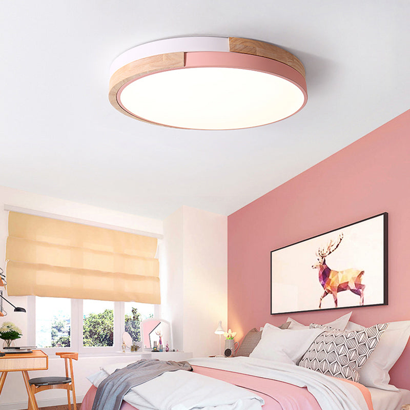Metal Circle Flush Light Contemporary LED Pink/Yellow/Blue Ceiling Mounted Fixture with Acrylic Diffuser in Warm/White Light Clearhalo 'Ceiling Lights' 'Close To Ceiling Lights' 'Close to ceiling' 'Flush mount' Lighting' 290002