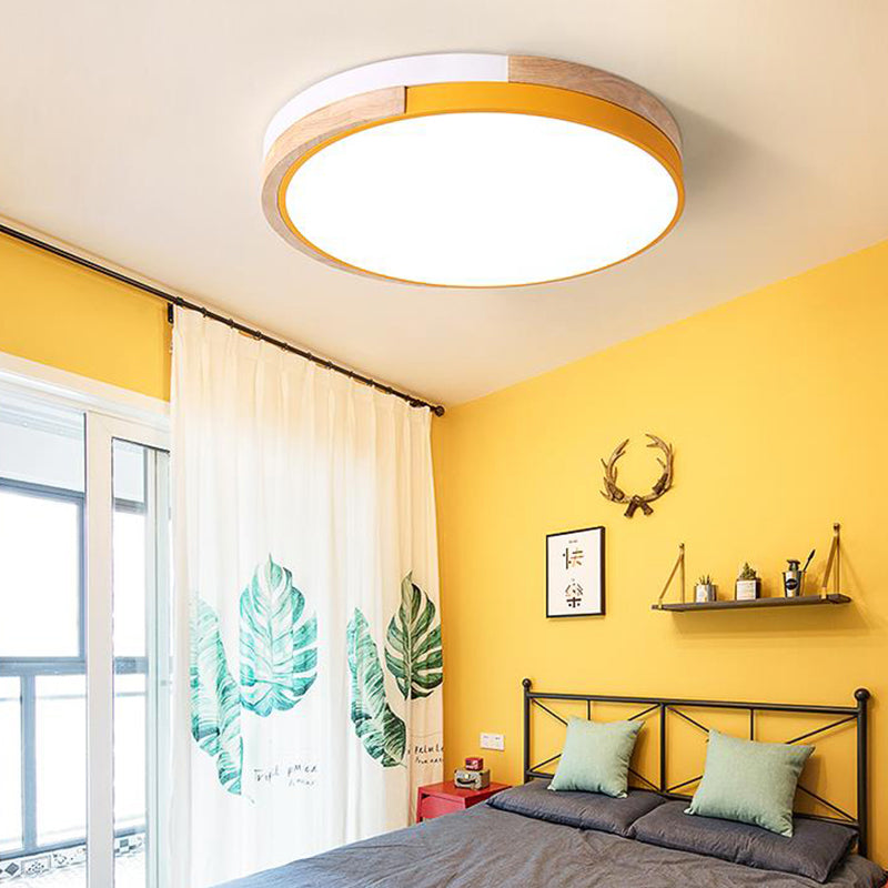 Metal Circle Flush Light Contemporary LED Pink/Yellow/Blue Ceiling Mounted Fixture with Acrylic Diffuser in Warm/White Light Clearhalo 'Ceiling Lights' 'Close To Ceiling Lights' 'Close to ceiling' 'Flush mount' Lighting' 290007