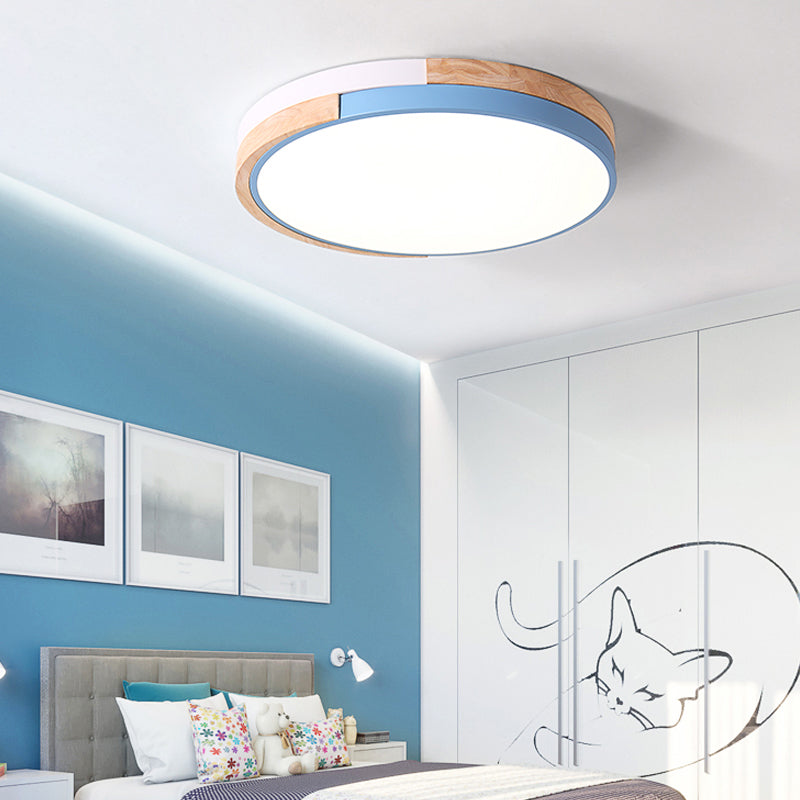 Metal Circle Flush Light Contemporary LED Pink/Yellow/Blue Ceiling Mounted Fixture with Acrylic Diffuser in Warm/White Light Clearhalo 'Ceiling Lights' 'Close To Ceiling Lights' 'Close to ceiling' 'Flush mount' Lighting' 290011
