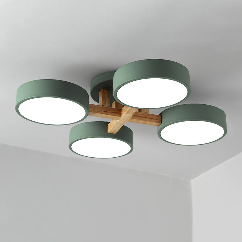 Circular Semi Flush Mount Macaron Metal 4 Heads 21"/24.5" Wide Grey/Green Ceiling Light Fixture with Acrylic Diffuser Green 24.5" Clearhalo 'Ceiling Lights' 'Close To Ceiling Lights' 'Close to ceiling' 'Semi-flushmount' Lighting' 290381