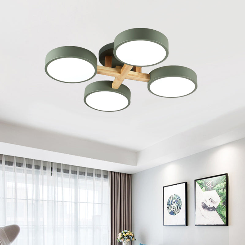 Circular Semi Flush Mount Macaron Metal 4 Heads 21"/24.5" Wide Grey/Green Ceiling Light Fixture with Acrylic Diffuser Clearhalo 'Ceiling Lights' 'Close To Ceiling Lights' 'Close to ceiling' 'Semi-flushmount' Lighting' 290382