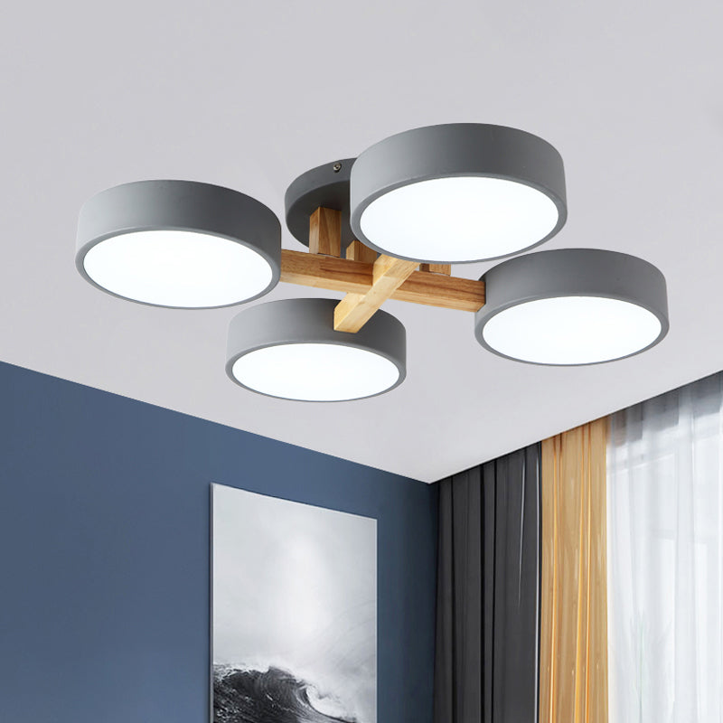 Circular Semi Flush Mount Macaron Metal 4 Heads 21"/24.5" Wide Grey/Green Ceiling Light Fixture with Acrylic Diffuser Grey 24.5" Clearhalo 'Ceiling Lights' 'Close To Ceiling Lights' 'Close to ceiling' 'Semi-flushmount' Lighting' 290389