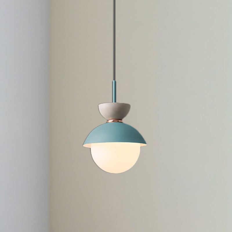 Hourglass Pendant Light Macaron Metal 1 Light Dark Blue and Gray/Dark Blue and Pink/Dark Blue and Pink Hanging Light with Globe White Glass Shade Grey Light Blue Clearhalo 'Ceiling Lights' 'Modern Pendants' 'Modern' 'Pendant Lights' 'Pendants' Lighting' 290452