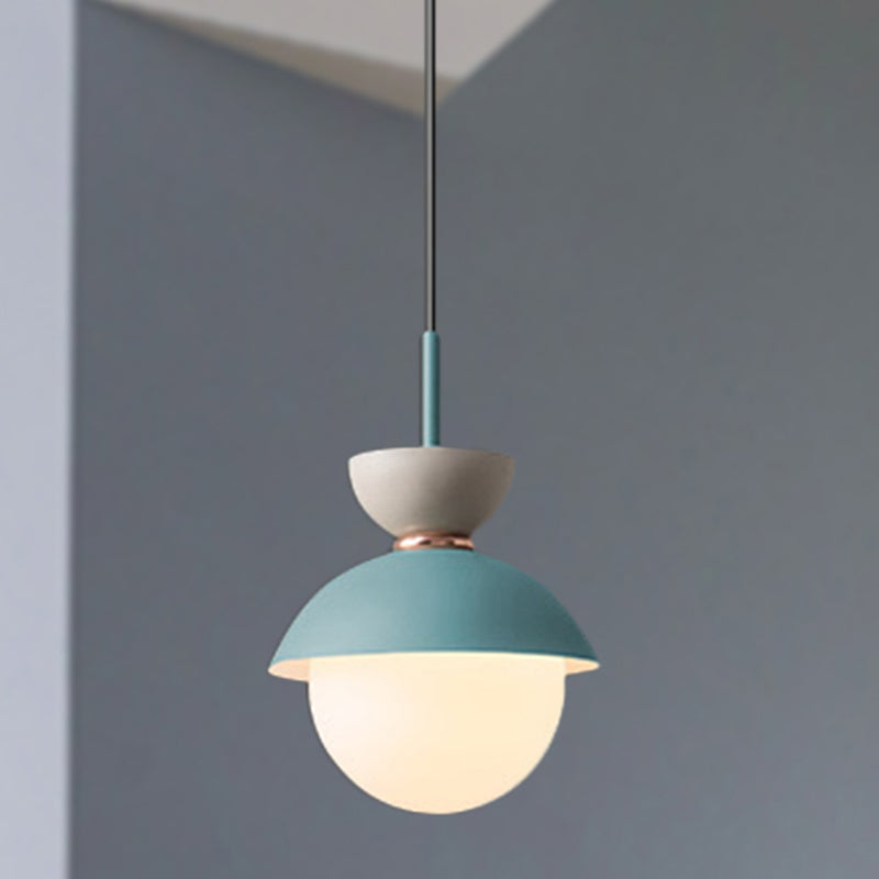 Hourglass Pendant Light Macaron Metal 1 Light Dark Blue and Gray/Dark Blue and Pink/Dark Blue and Pink Hanging Light with Globe White Glass Shade Clearhalo 'Ceiling Lights' 'Modern Pendants' 'Modern' 'Pendant Lights' 'Pendants' Lighting' 290453