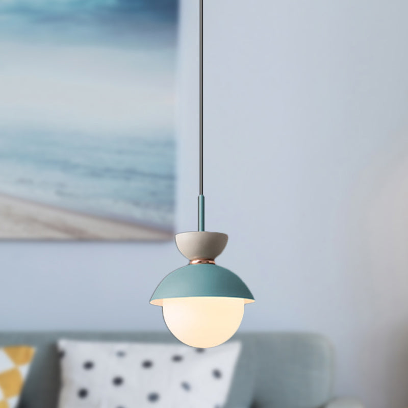 Hourglass Pendant Light Macaron Metal 1 Light Dark Blue and Gray/Dark Blue and Pink/Dark Blue and Pink Hanging Light with Globe White Glass Shade Clearhalo 'Ceiling Lights' 'Modern Pendants' 'Modern' 'Pendant Lights' 'Pendants' Lighting' 290454