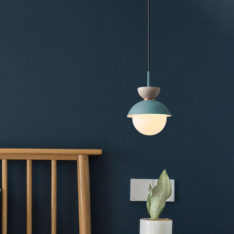 Hourglass Pendant Light Macaron Metal 1 Light Dark Blue and Gray/Dark Blue and Pink/Dark Blue and Pink Hanging Light with Globe White Glass Shade Clearhalo 'Ceiling Lights' 'Modern Pendants' 'Modern' 'Pendant Lights' 'Pendants' Lighting' 290455