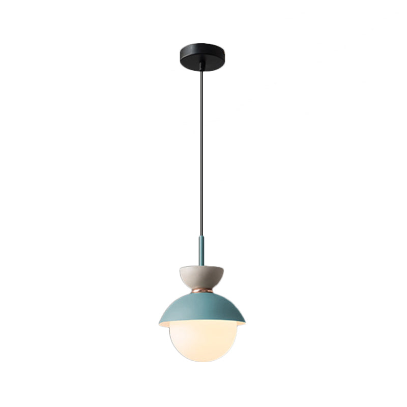Hourglass Pendant Light Macaron Metal 1 Light Dark Blue and Gray/Dark Blue and Pink/Dark Blue and Pink Hanging Light with Globe White Glass Shade Clearhalo 'Ceiling Lights' 'Modern Pendants' 'Modern' 'Pendant Lights' 'Pendants' Lighting' 290456