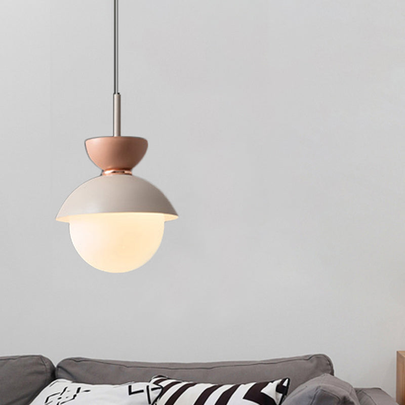Hourglass Pendant Light Macaron Metal 1 Light Dark Blue and Gray/Dark Blue and Pink/Dark Blue and Pink Hanging Light with Globe White Glass Shade Clearhalo 'Ceiling Lights' 'Modern Pendants' 'Modern' 'Pendant Lights' 'Pendants' Lighting' 290472