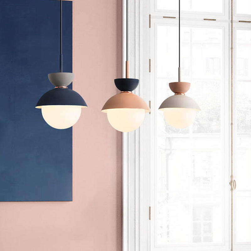 Hourglass Pendant Light Macaron Metal 1 Light Dark Blue and Gray/Dark Blue and Pink/Dark Blue and Pink Hanging Light with Globe White Glass Shade Clearhalo 'Ceiling Lights' 'Modern Pendants' 'Modern' 'Pendant Lights' 'Pendants' Lighting' 290473