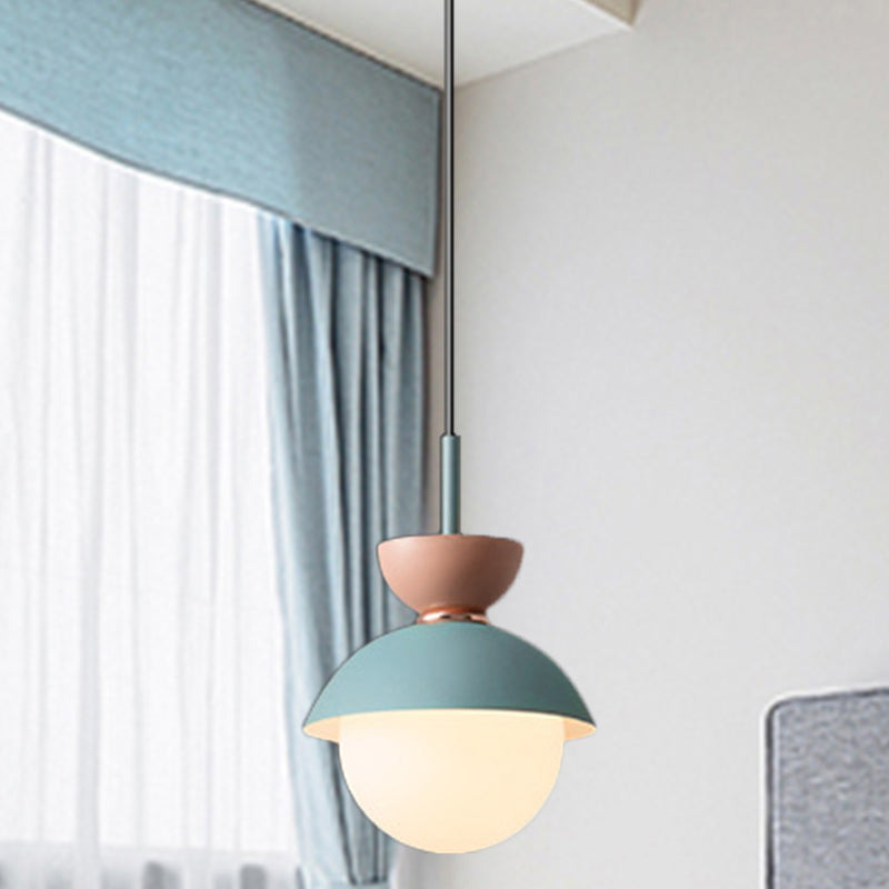 Hourglass Pendant Light Macaron Metal 1 Light Dark Blue and Gray/Dark Blue and Pink/Dark Blue and Pink Hanging Light with Globe White Glass Shade Pink Light Blue Clearhalo 'Ceiling Lights' 'Modern Pendants' 'Modern' 'Pendant Lights' 'Pendants' Lighting' 290476