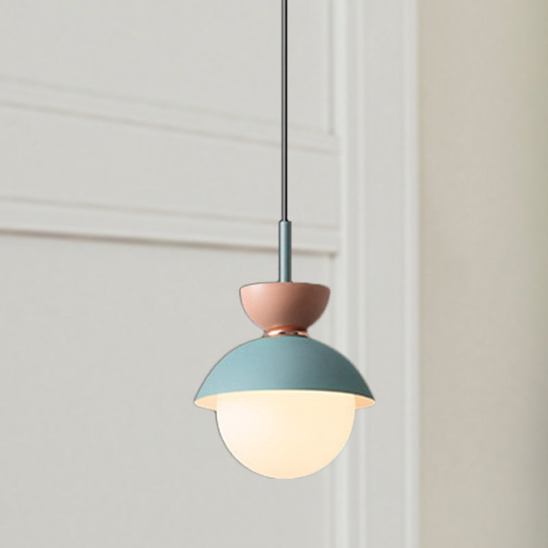 Hourglass Pendant Light Macaron Metal 1 Light Dark Blue and Gray/Dark Blue and Pink/Dark Blue and Pink Hanging Light with Globe White Glass Shade Clearhalo 'Ceiling Lights' 'Modern Pendants' 'Modern' 'Pendant Lights' 'Pendants' Lighting' 290477
