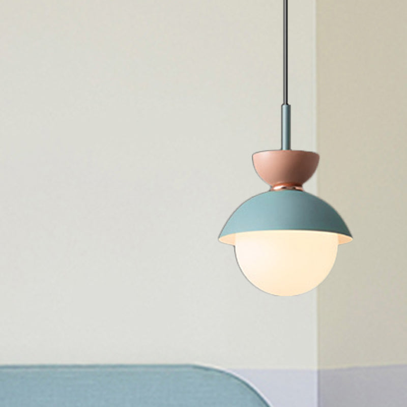 Hourglass Pendant Light Macaron Metal 1 Light Dark Blue and Gray/Dark Blue and Pink/Dark Blue and Pink Hanging Light with Globe White Glass Shade Clearhalo 'Ceiling Lights' 'Modern Pendants' 'Modern' 'Pendant Lights' 'Pendants' Lighting' 290478