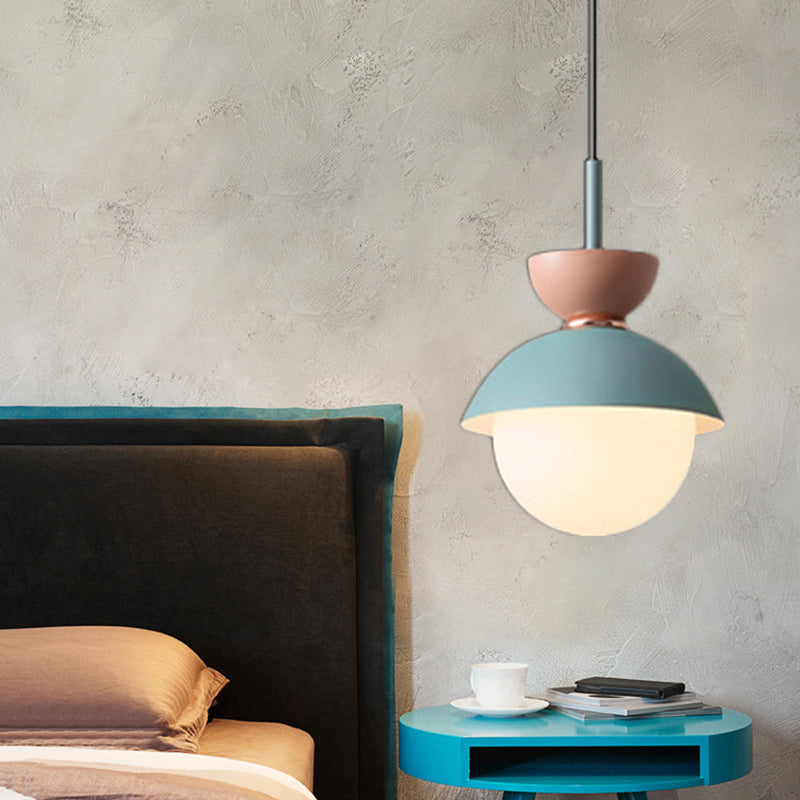 Hourglass Pendant Light Macaron Metal 1 Light Dark Blue and Gray/Dark Blue and Pink/Dark Blue and Pink Hanging Light with Globe White Glass Shade Clearhalo 'Ceiling Lights' 'Modern Pendants' 'Modern' 'Pendant Lights' 'Pendants' Lighting' 290479