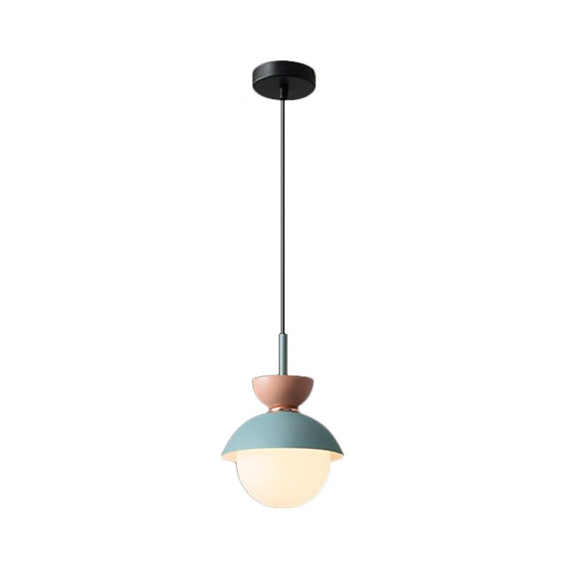 Hourglass Pendant Light Macaron Metal 1 Light Dark Blue and Gray/Dark Blue and Pink/Dark Blue and Pink Hanging Light with Globe White Glass Shade Clearhalo 'Ceiling Lights' 'Modern Pendants' 'Modern' 'Pendant Lights' 'Pendants' Lighting' 290480