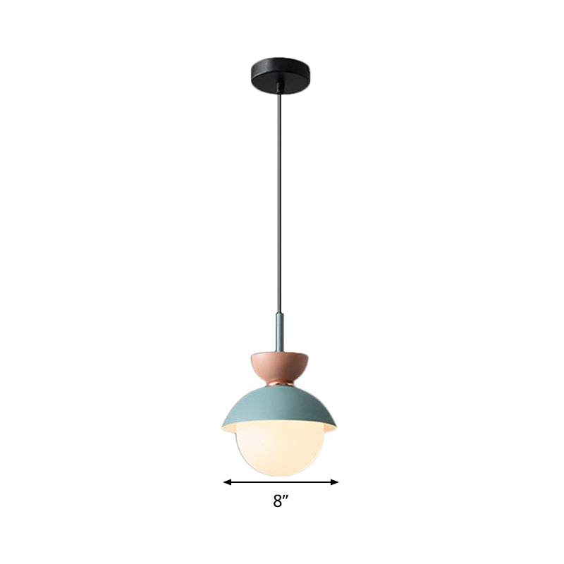 Hourglass Pendant Light Macaron Metal 1 Light Dark Blue and Gray/Dark Blue and Pink/Dark Blue and Pink Hanging Light with Globe White Glass Shade Clearhalo 'Ceiling Lights' 'Modern Pendants' 'Modern' 'Pendant Lights' 'Pendants' Lighting' 290481
