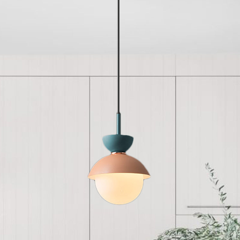 Hourglass Pendant Light Macaron Metal 1 Light Dark Blue and Gray/Dark Blue and Pink/Dark Blue and Pink Hanging Light with Globe White Glass Shade Clearhalo 'Ceiling Lights' 'Modern Pendants' 'Modern' 'Pendant Lights' 'Pendants' Lighting' 290489