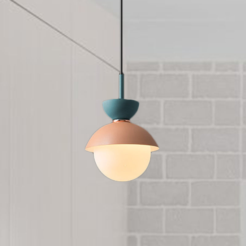 Hourglass Pendant Light Macaron Metal 1 Light Dark Blue and Gray/Dark Blue and Pink/Dark Blue and Pink Hanging Light with Globe White Glass Shade Clearhalo 'Ceiling Lights' 'Modern Pendants' 'Modern' 'Pendant Lights' 'Pendants' Lighting' 290490