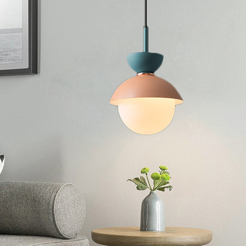 Hourglass Pendant Light Macaron Metal 1 Light Dark Blue and Gray/Dark Blue and Pink/Dark Blue and Pink Hanging Light with Globe White Glass Shade Clearhalo 'Ceiling Lights' 'Modern Pendants' 'Modern' 'Pendant Lights' 'Pendants' Lighting' 290491