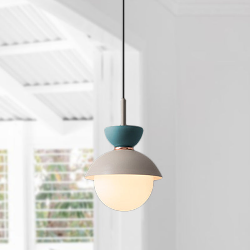 Hourglass Pendant Light Macaron Metal 1 Light Dark Blue and Gray/Dark Blue and Pink/Dark Blue and Pink Hanging Light with Globe White Glass Shade Clearhalo 'Ceiling Lights' 'Modern Pendants' 'Modern' 'Pendant Lights' 'Pendants' Lighting' 290495
