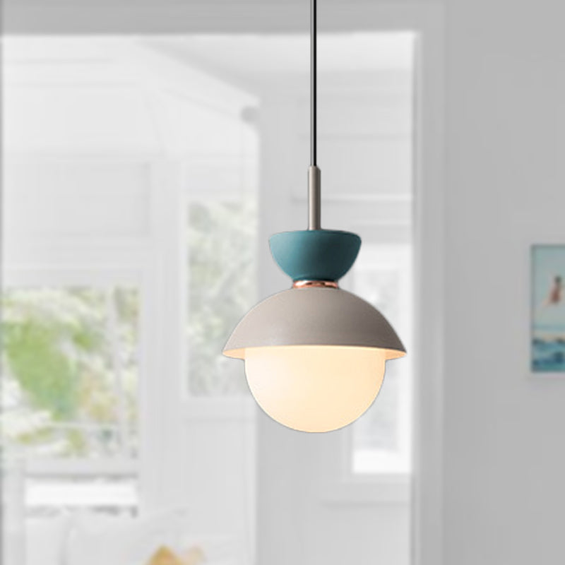 Hourglass Pendant Light Macaron Metal 1 Light Dark Blue and Gray/Dark Blue and Pink/Dark Blue and Pink Hanging Light with Globe White Glass Shade Clearhalo 'Ceiling Lights' 'Modern Pendants' 'Modern' 'Pendant Lights' 'Pendants' Lighting' 290496