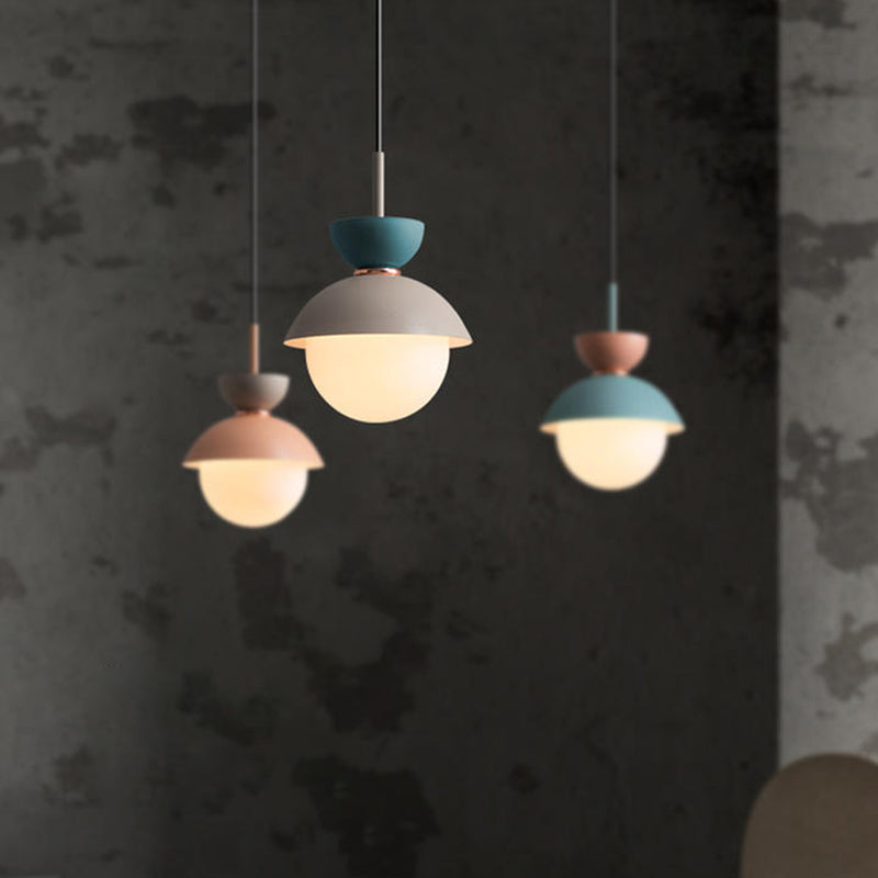 Hourglass Pendant Light Macaron Metal 1 Light Dark Blue and Gray/Dark Blue and Pink/Dark Blue and Pink Hanging Light with Globe White Glass Shade Clearhalo 'Ceiling Lights' 'Modern Pendants' 'Modern' 'Pendant Lights' 'Pendants' Lighting' 290497