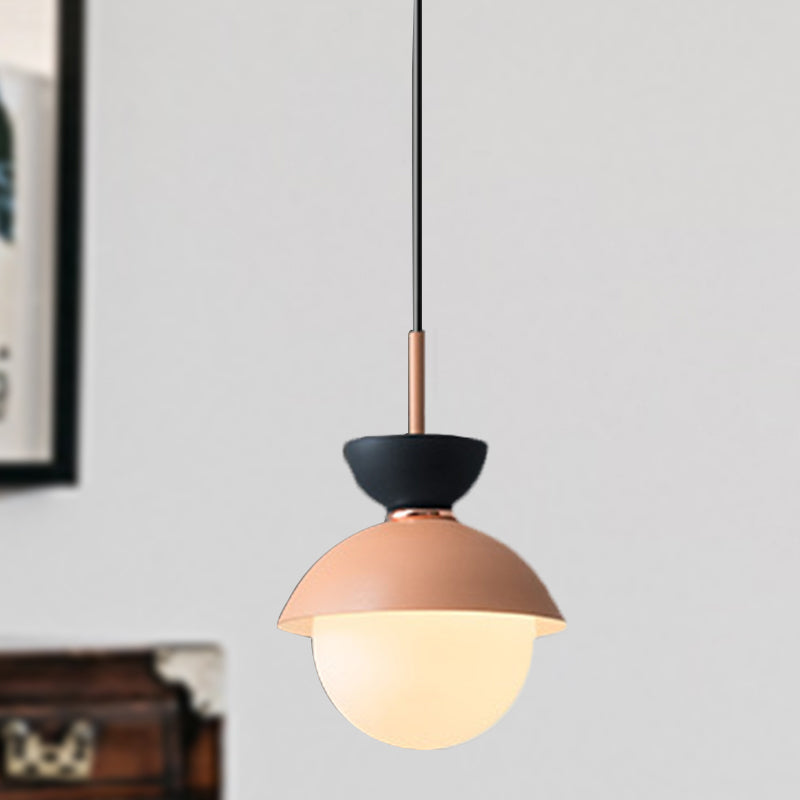 Hourglass Pendant Light Macaron Metal 1 Light Dark Blue and Gray/Dark Blue and Pink/Dark Blue and Pink Hanging Light with Globe White Glass Shade Dark Blue Pink Clearhalo 'Ceiling Lights' 'Modern Pendants' 'Modern' 'Pendant Lights' 'Pendants' Lighting' 290500