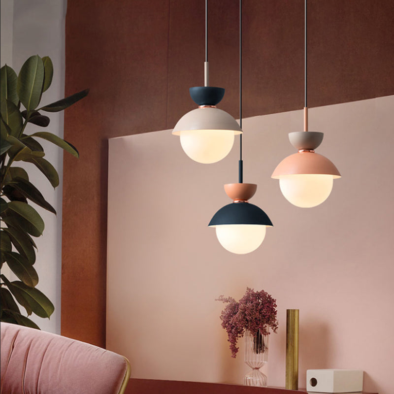 Hourglass Pendant Light Macaron Metal 1 Light Dark Blue and Gray/Dark Blue and Pink/Dark Blue and Pink Hanging Light with Globe White Glass Shade Clearhalo 'Ceiling Lights' 'Modern Pendants' 'Modern' 'Pendant Lights' 'Pendants' Lighting' 290509