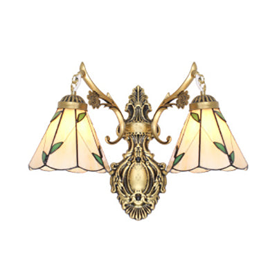 Leaf Wall Lighting Vintage Traditional Stained Glass 2 Heads Wall Mount Light in White/Antique Brass for Bedroom Antique Brass Clearhalo 'Industrial' 'Middle century wall lights' 'Tiffany wall lights' 'Tiffany' 'Wall Lamps & Sconces' 'Wall Lights' Lighting' 29062