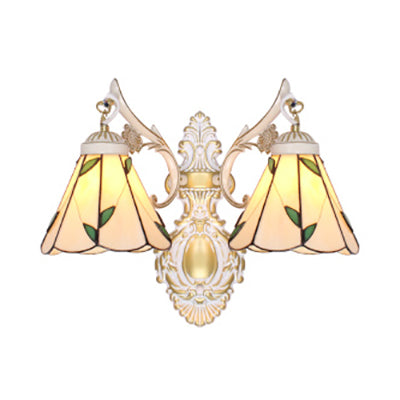 Leaf Wall Lighting Vintage Traditional Stained Glass 2 Heads Wall Mount Light in White/Antique Brass for Bedroom White Clearhalo 'Industrial' 'Middle century wall lights' 'Tiffany wall lights' 'Tiffany' 'Wall Lamps & Sconces' 'Wall Lights' Lighting' 29063