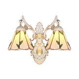 Leaf Wall Lighting Vintage Traditional Stained Glass 2 Heads Wall Mount Light in White/Antique Brass for Bedroom White Clearhalo 'Industrial' 'Middle century wall lights' 'Tiffany wall lights' 'Tiffany' 'Wall Lamps & Sconces' 'Wall Lights' Lighting' 29063