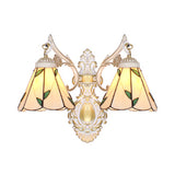 Leaf Wall Lighting Vintage Traditional Stained Glass 2 Heads Wall Mount Light in White/Antique Brass for Bedroom White Clearhalo 'Industrial' 'Middle century wall lights' 'Tiffany wall lights' 'Tiffany' 'Wall Lamps & Sconces' 'Wall Lights' Lighting' 29063