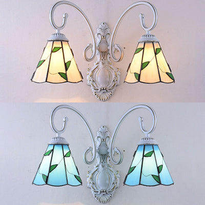 Scalloped Wall Sconce Light with Leaf Pattern 2 Lights Stained Glass Loft Wall Lighting in Blue/Beige Clearhalo 'Industrial' 'Middle century wall lights' 'Tiffany wall lights' 'Tiffany' 'Wall Lamps & Sconces' 'Wall Lights' Lighting' 29064