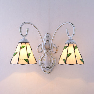 Scalloped Wall Sconce Light with Leaf Pattern 2 Lights Stained Glass Loft Wall Lighting in Blue/Beige Beige Clearhalo 'Industrial' 'Middle century wall lights' 'Tiffany wall lights' 'Tiffany' 'Wall Lamps & Sconces' 'Wall Lights' Lighting' 29065